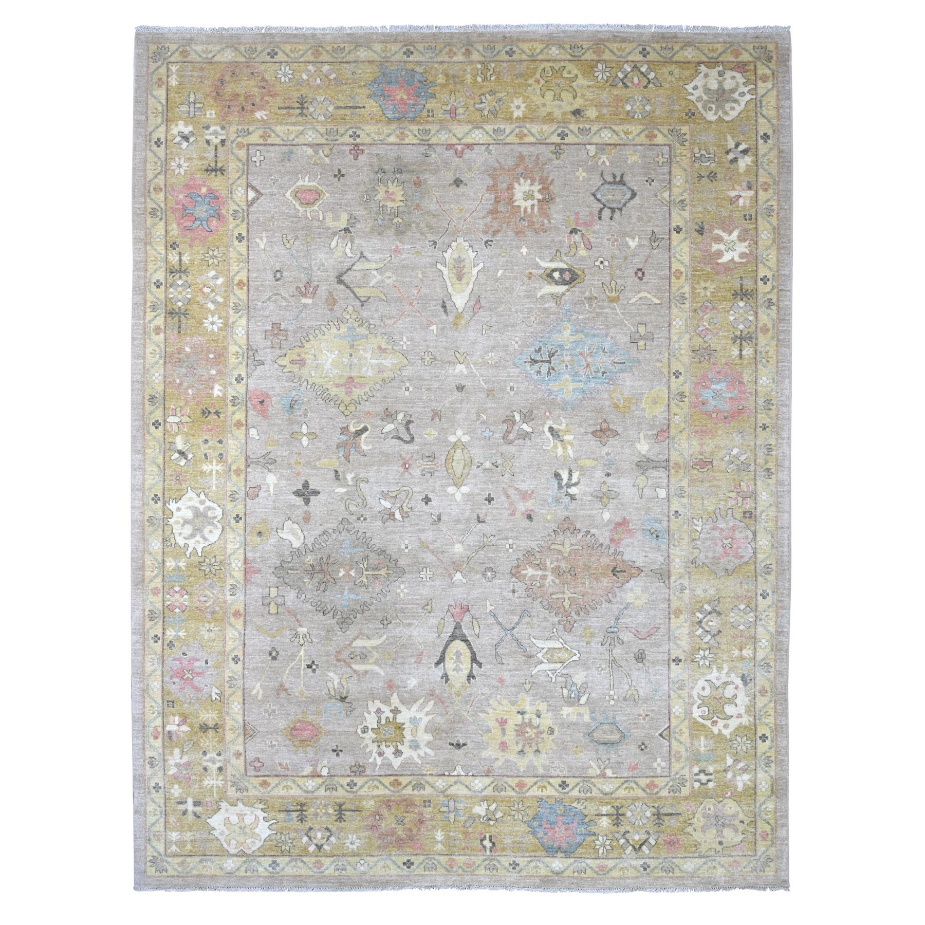 9'3"x12'2" Pastel Gray, Peshawar with Serrated Gul Motif, Hand Knotted, High Mountain Wool, Densely Woven, Oriental Rug 